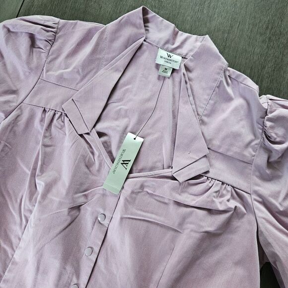 Worthington Lavender Lilac Short Sleeve Snap Up Shirt Blouse Collared SZ M NEW - Picture 8 of 9